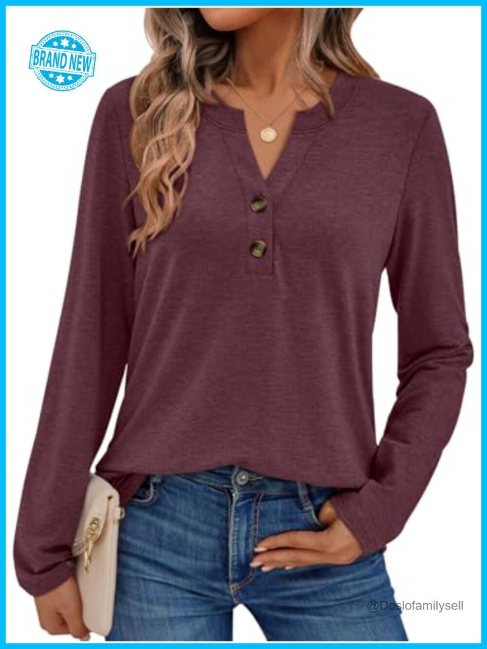 Women's Long Sleeve V-Neck Henley Blouse Loose Fit Dressy Casual Top